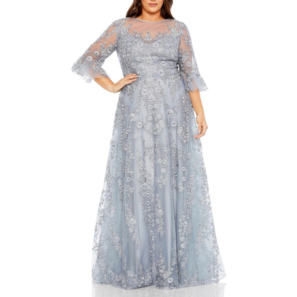 Mac Duggal Embroidered Illusion High Neck Puff Sleeve A Line In Platinum