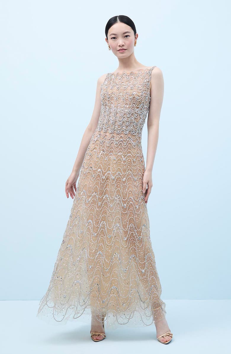 Oscar de la Renta Crystal Wave Embroidered Sleeveless Gown, Alternate, color, Silver