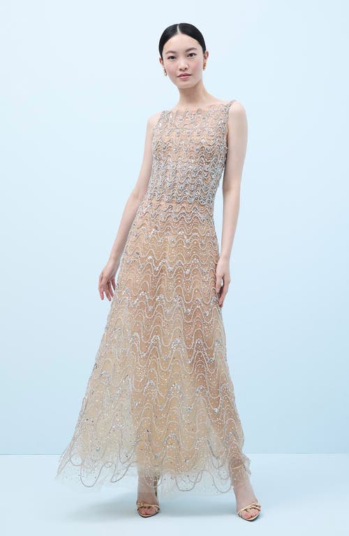 Oscar De La Renta Crystal Wave Embroidered Sleeveless Gown In Multi