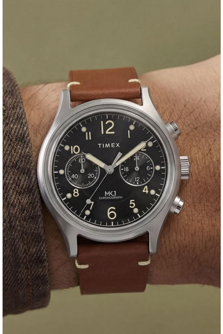 MK1 Chronograph Leather Strap Watch, 40mm, Alternate, color, SILVER-TONE