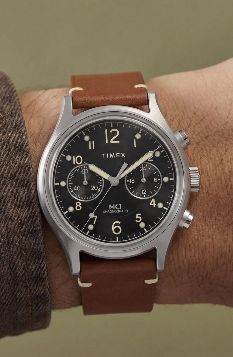 Timex<sup>®</sup> MK1 Chronograph Leather Strap Watch, 40mm, Alternate, color, Silver-Tone