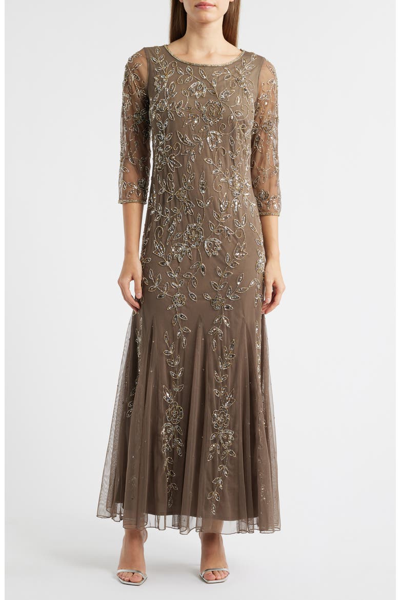 Floral Beaded Tulle Gown, Main, color, MOCHA