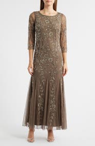 Pisarro Nights Floral Beaded Tulle Gown