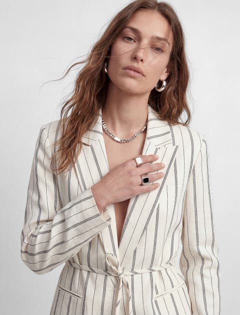 Striped Long Sleeve Belted Blazer