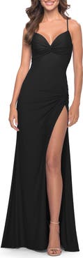 La Femme Soft Jersey Dress with Knot Detail on Bust and Hip