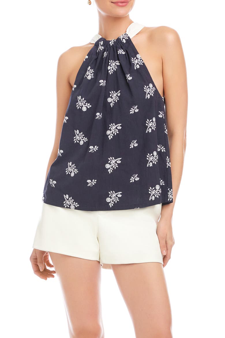 Sicilie Floral Embroidered Cotton Halter Top, Main, color, NAVY