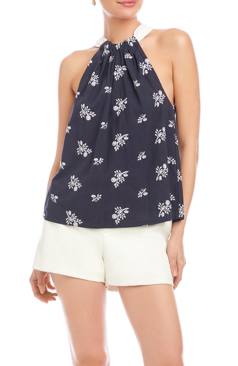 FIFTEEN TWENTY Sicilie Floral Embroidered Cotton Halter Top, Main, color, Navy