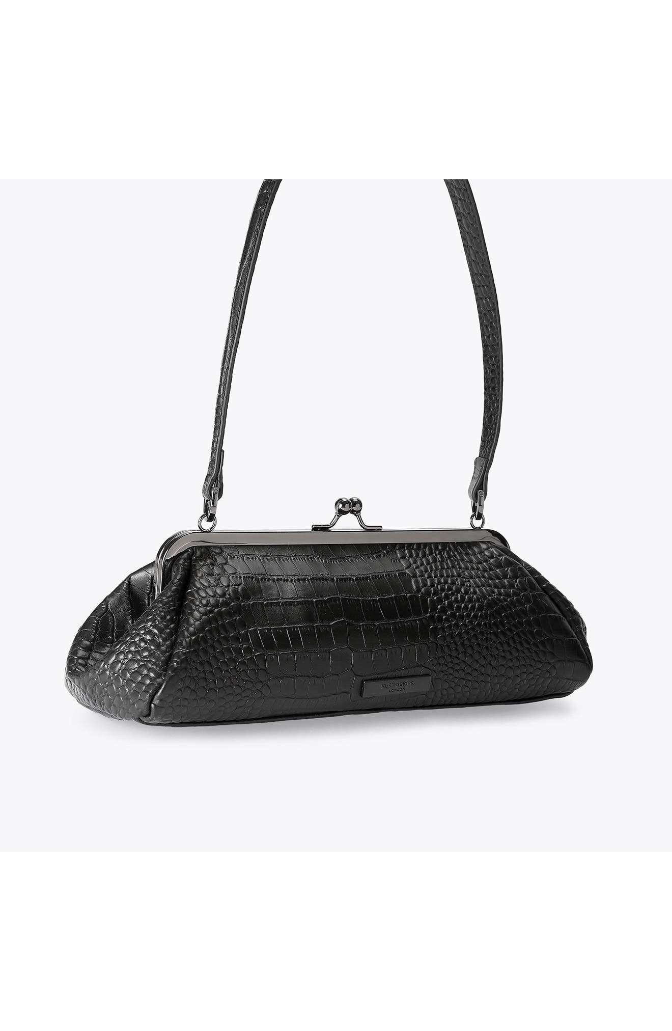 Kensington Croc Embossed Leather Frame Bag, Alternate, color, BLACK