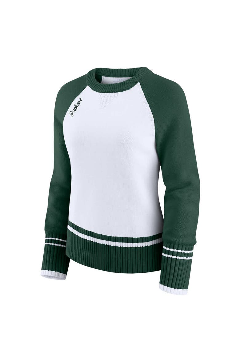 Women's WEAR by Erin Andrews White/Green Green Bay Packers Colorblock Raglan Sweater, Alternate, color, White