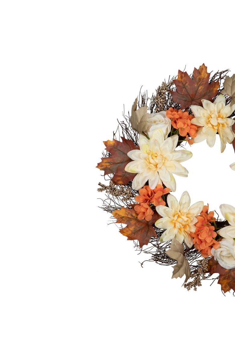Northlight Dahlias, Maple Leaves and Berries Artificial Fall Harvest Floral Twig Wreath - 22", Alternate, color, Orange