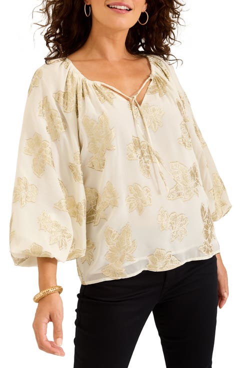 Shimmering Shores Metallic Leaf Print Split Neck Top