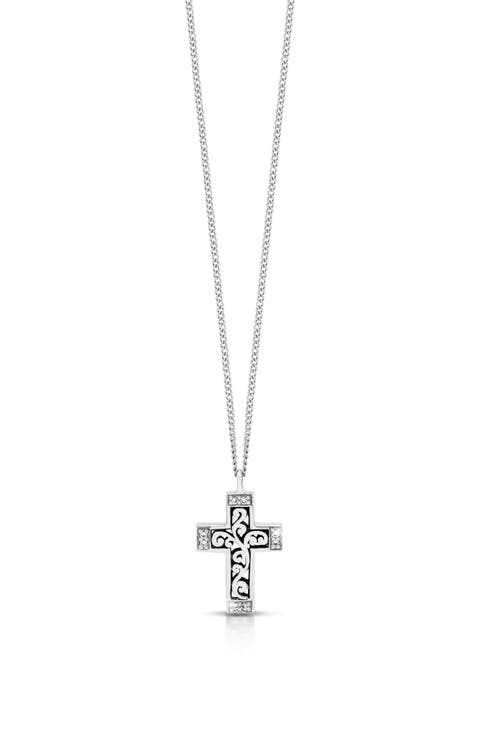 Sterling Silver Diamond Edge Cross Pendant Necklace - 0.04 ctw.