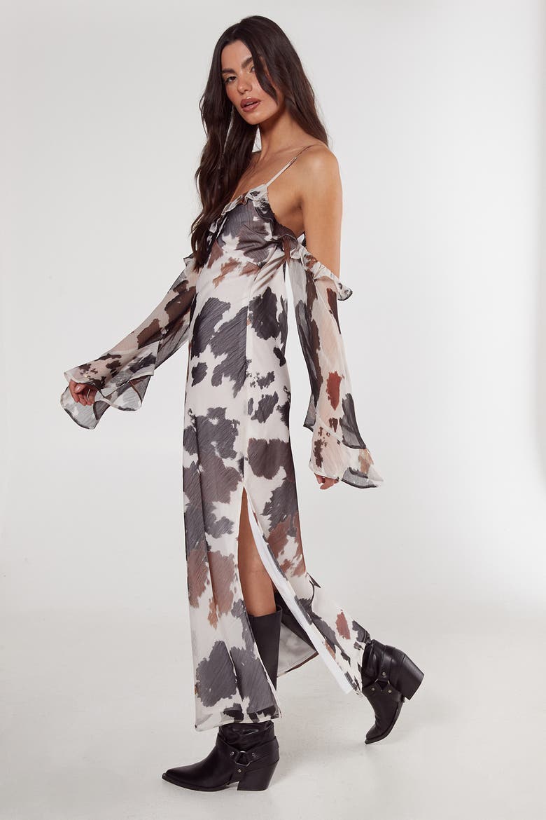 Cold Shoulder Bias Cut Split Maxi Dress, Alternate, color, Brown