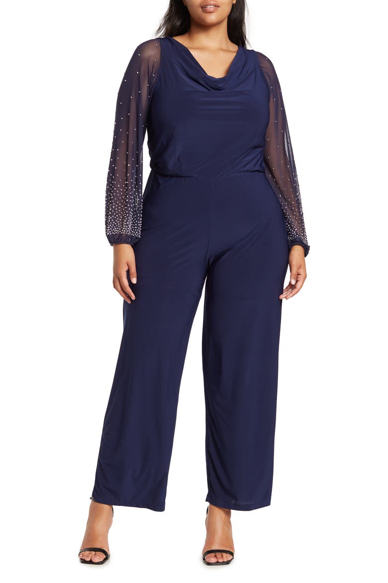 Cowl Neck Long Sleeve Jumpsuit, Main, color, NAVY