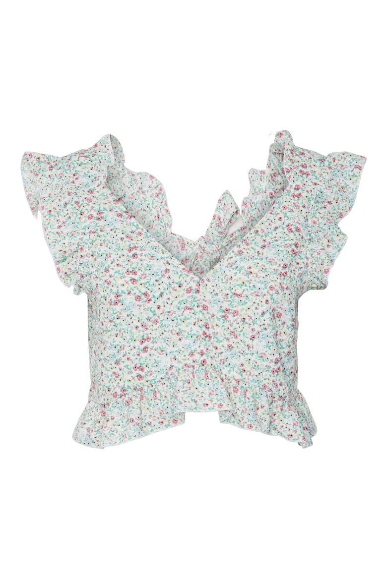 Talias Floral Ruffle Trim Crop Top, Alternate, color, SNOW WHITE AOP TALIA