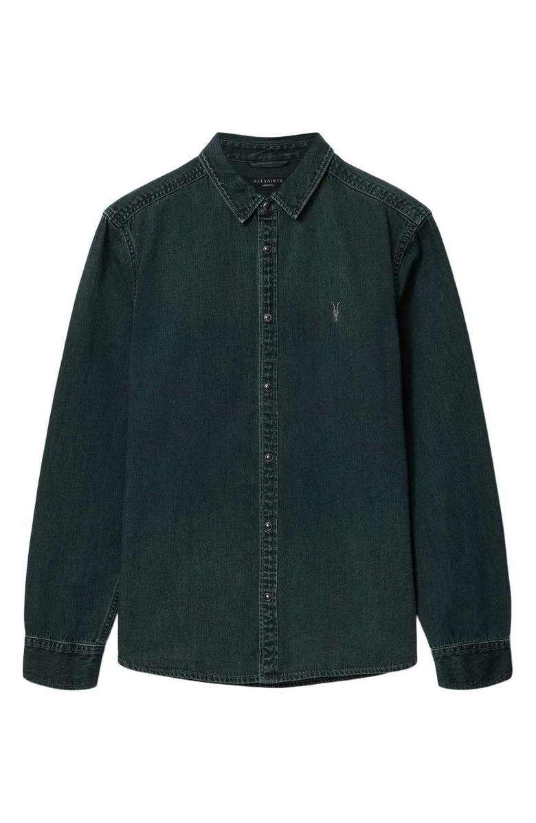 AllSaints Gleason Cotton Denim Snap Front Shirt, Alternate, color, Phantom Blue