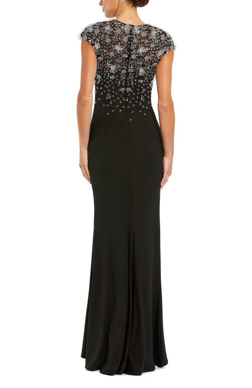 Mac Duggal Crystal Embellished Jersey Fitted Cap Sleeve Gown In Black