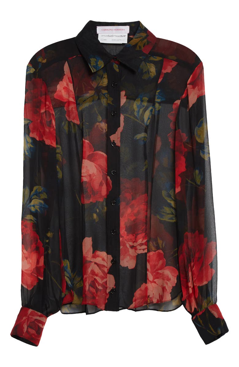 Carolina Herrera Isabella Sheer Silk Chiffon Button-Up Shirt, Main, color, Black Multi