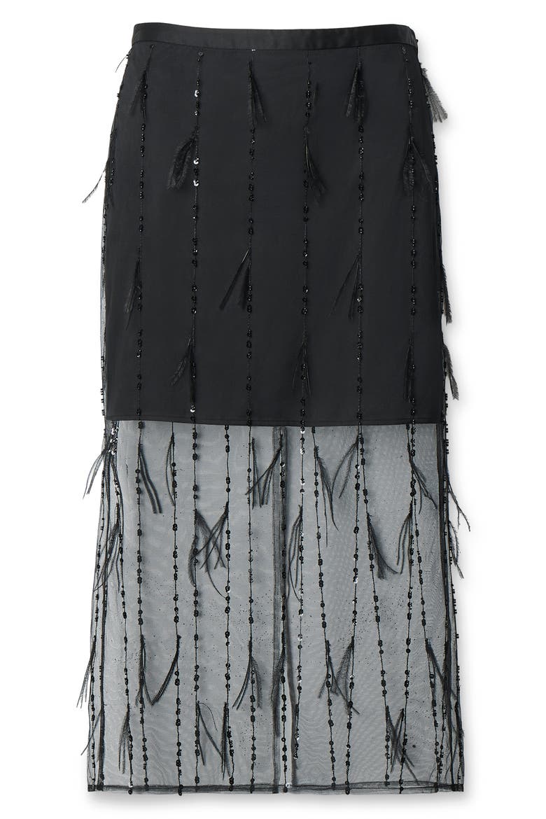 Geena Sequin and Ostrich Feather Midi Skirt, Alternate, color, BLACK