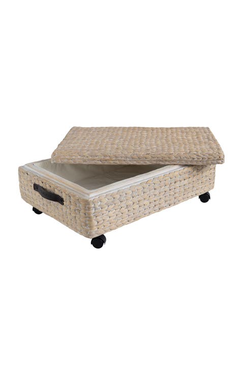 Chett Minimalist Hand-Woven Hyacinth/Wood Underbed Storage Bin with Wheels and Handles