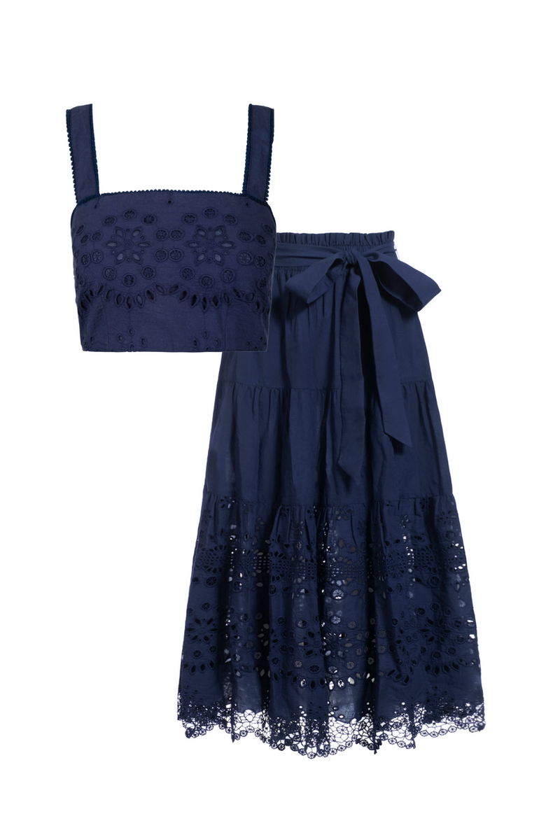 Change of Scenery Ilyssa Eyelet Embroidered Square Neck Smocked Crop Top, Alternate, color, Navy Calypso Eyelet