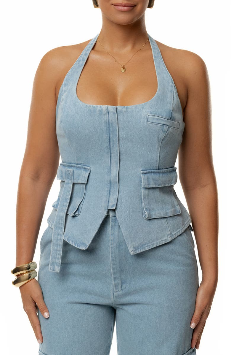 JLUXLABEL Josie Denim Halter Top, Main, color, Denim