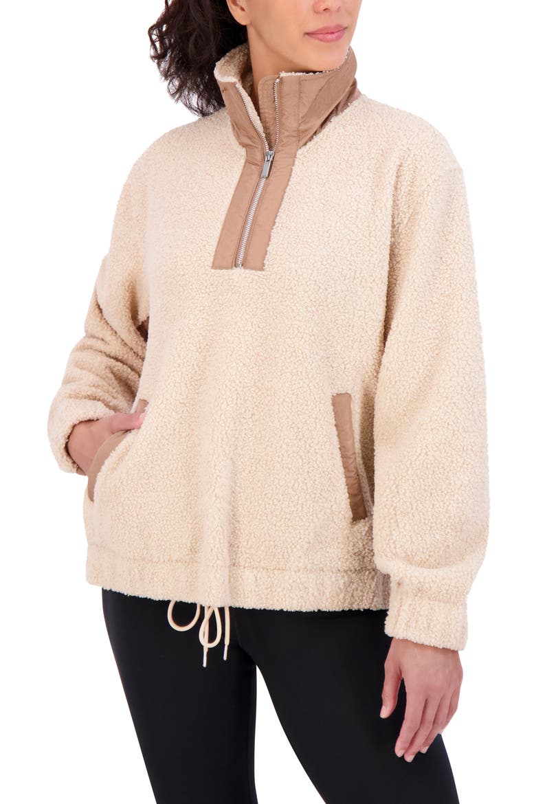 Woven Trim Faux Shearling Pullover, Alternate, color, CREAM