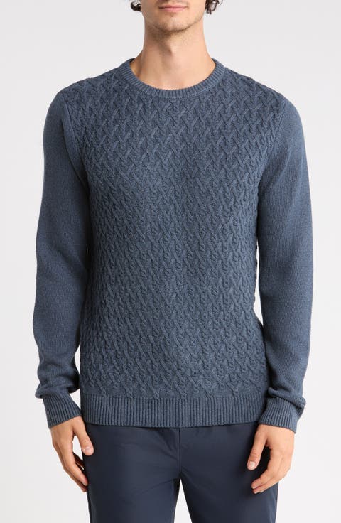 Textured Cable Knit Cotton Crewneck Sweater