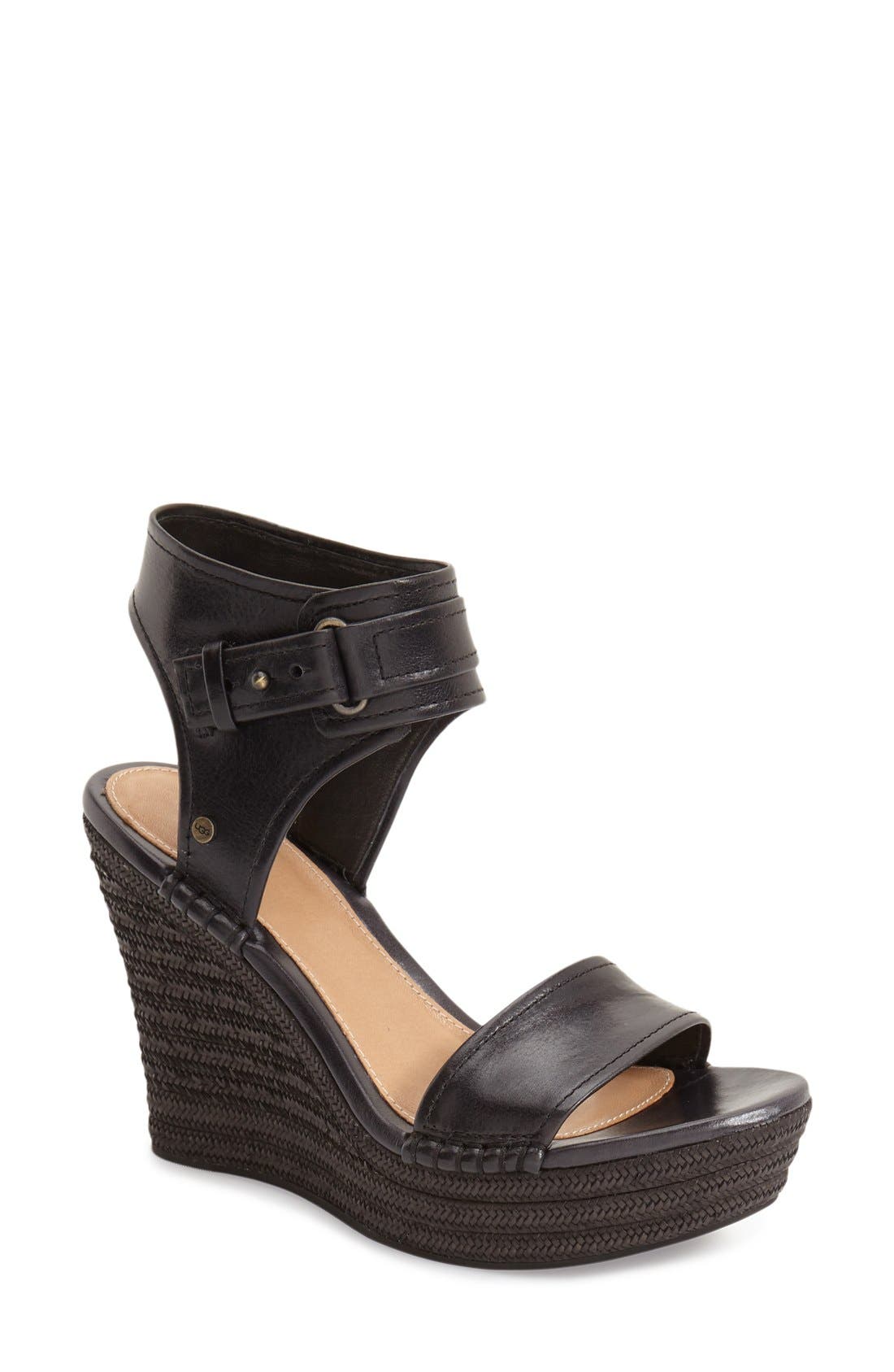'Maryanne' Wedge Sandal, Main, color, BLACK LEATHER