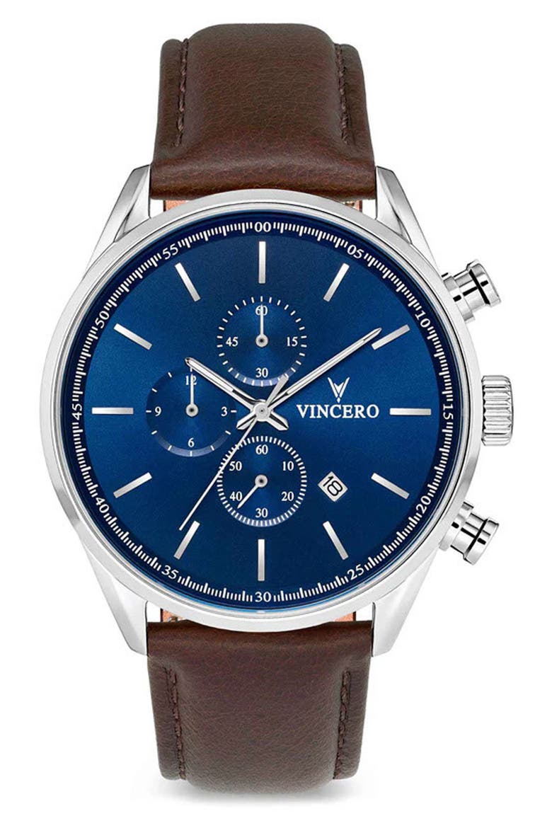 The Chrono S2 Chronograph Leather Strap Watch, 43mm, Main, color, BLUE/ BROWN