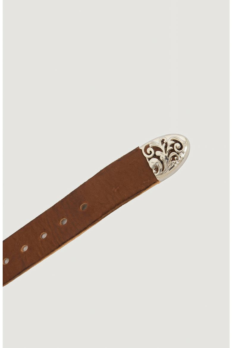 Leather Belt with Ornate Engraved Buckle and Western Detail, Alternate, color, Brown