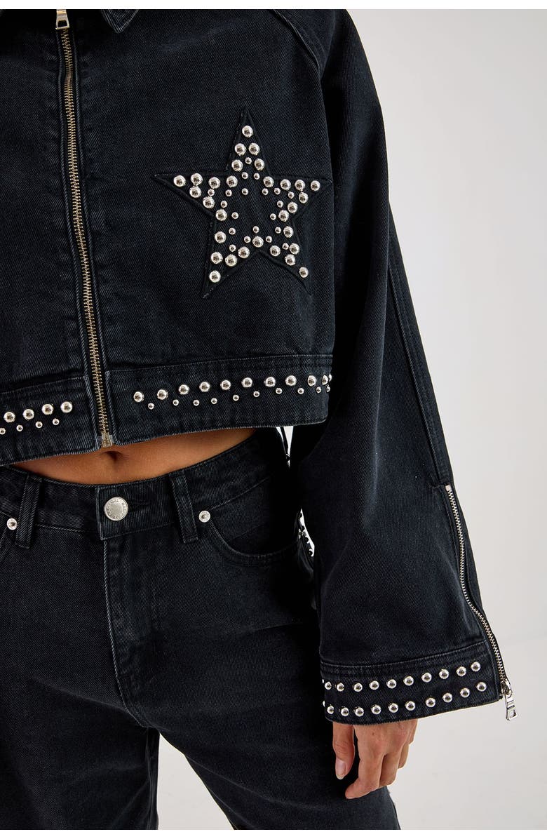 NASTY GAL Studded Denim Jacket, Alternate, color, Washed Black