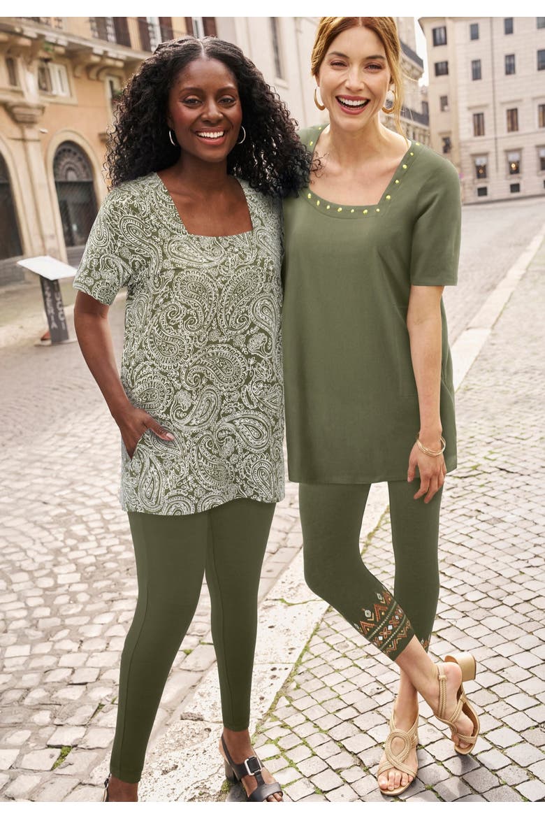 Stretch Cotton Studded Square Neck Tunic, Alternate, color, DARK OLIVE GREEN GOLD STUD