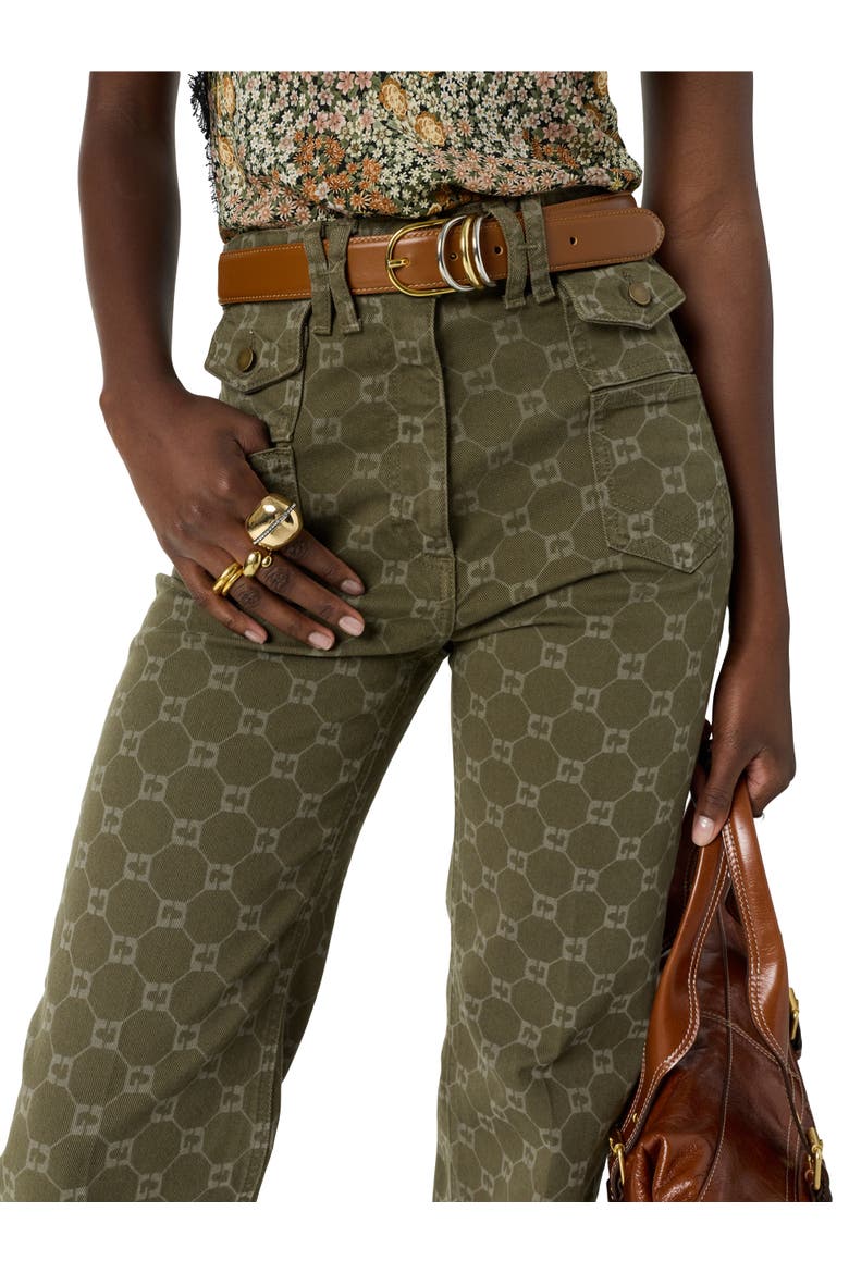 Anna Monogram Print Flared Jeans, Alternate, color, Khaki Green