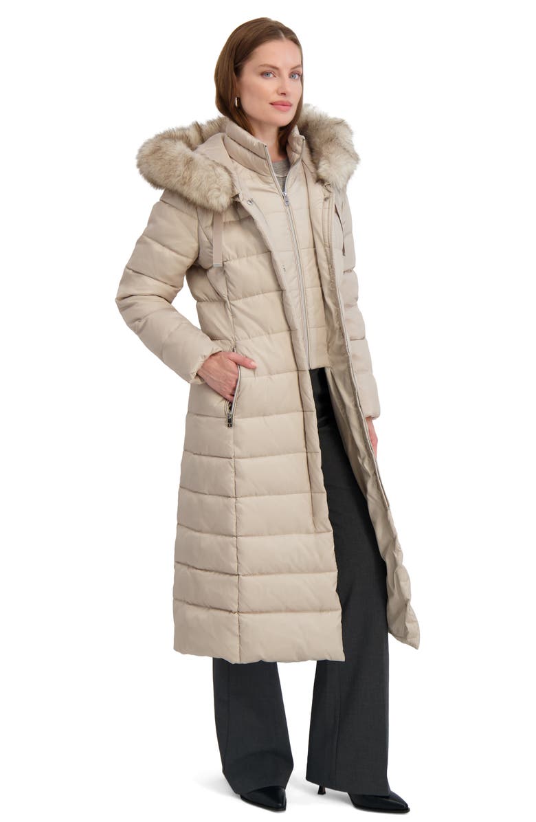 Tahari Nellie Faux Fur Trim Hooded Puffer Jacket with Bib, Alternate, color, Pale Oak