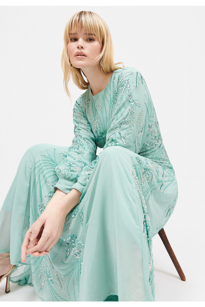 Occasion Modest Embellished Sequin Beaded Boat Neck Evening Maxi Dress, Alternate, color, MISTY GREEN