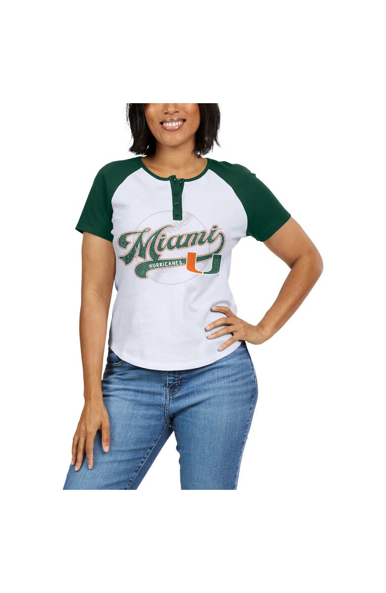 WEAR by Erin Andrews Women's WEAR by Erin Andrews White Miami Hurricanes Baseball Logo Raglan Henley T-Shirt, Alternate, color, White