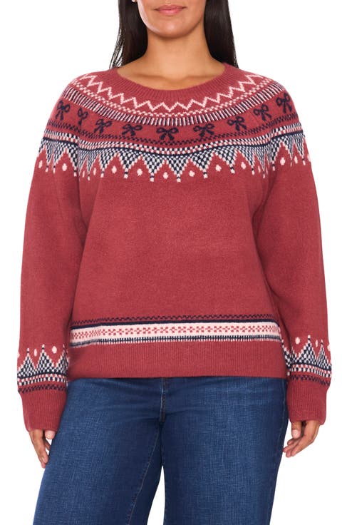 Fair Isle Ribbon Detail Crewneck Sweater (Plus)