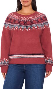 CeCe Fair Isle Ribbon Detail Crewneck Sweater