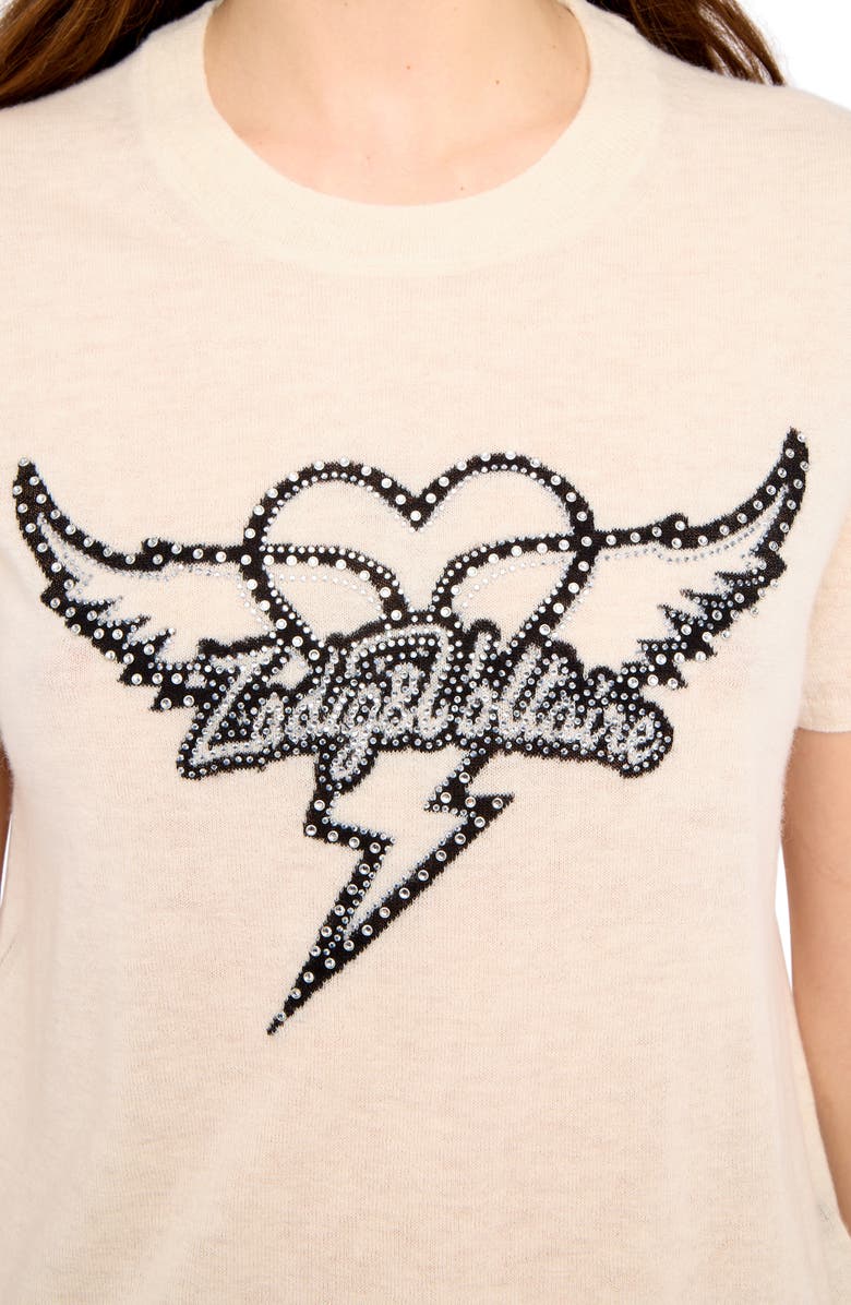 Zadig & Voltaire Idal Aero Heart Crystal Embellished Short Sleeve Cashmere Graphic Sweater, Alternate, color, Eggshell