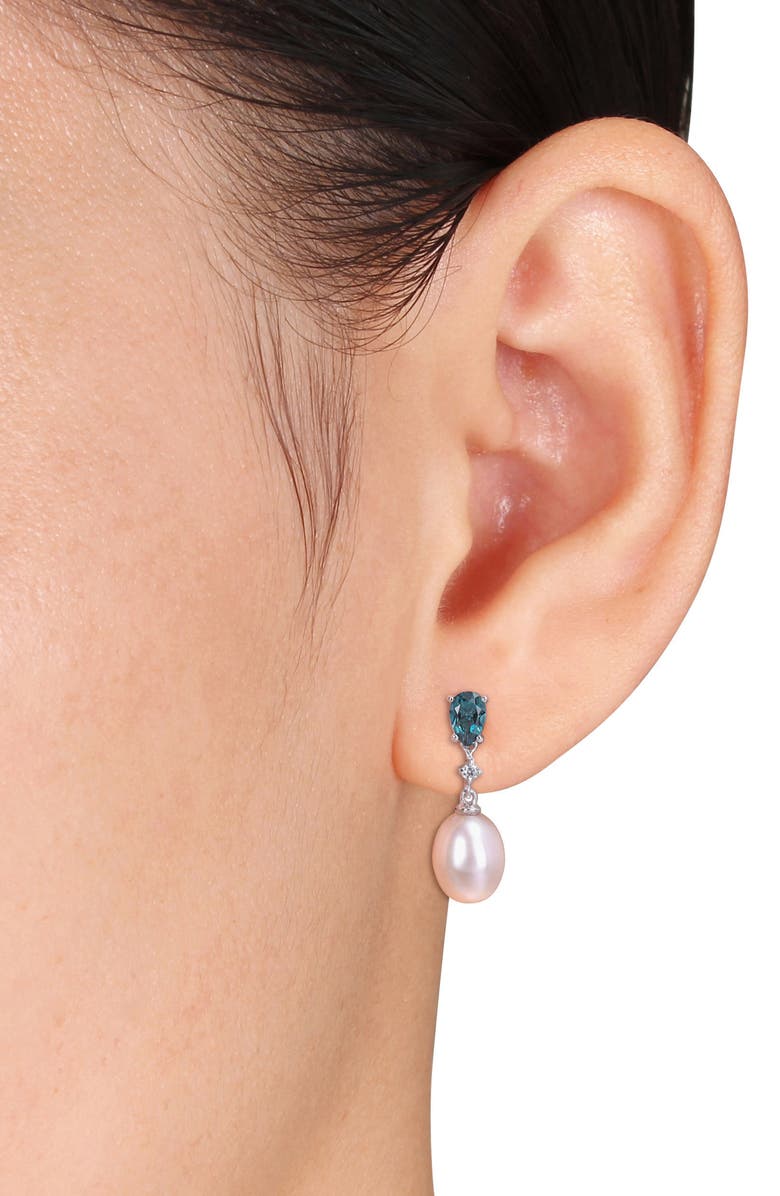 DELMAR Diamond, Blue Topaz & 8-8.5mm Cultured Pearl Drop Earrings, Alternate, color,