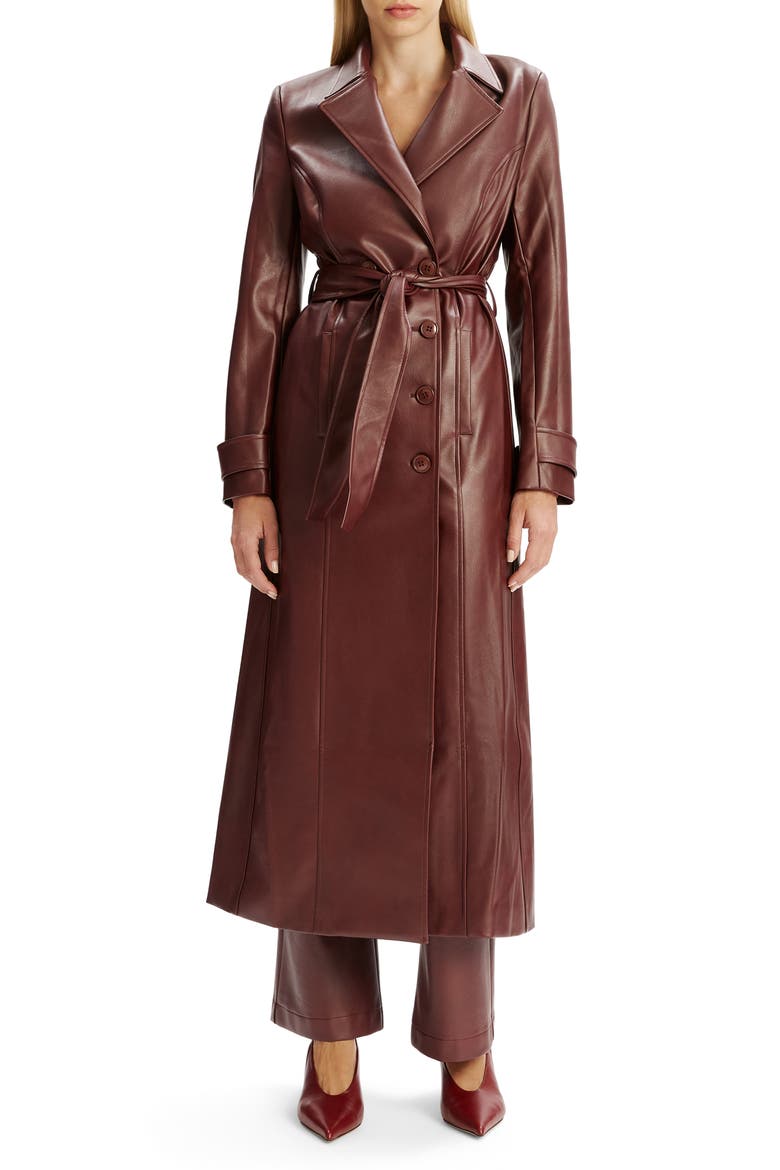 Double Breasted Faux Leather Longline Coat, Main, color, BURGUNDY