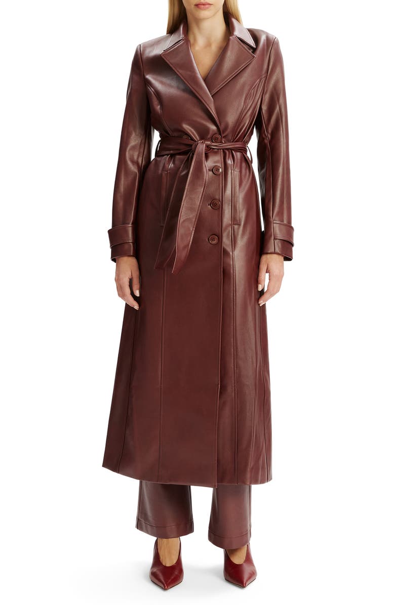 Bardot Double Breasted Faux Leather Longline Coat, Main, color, Burgundy