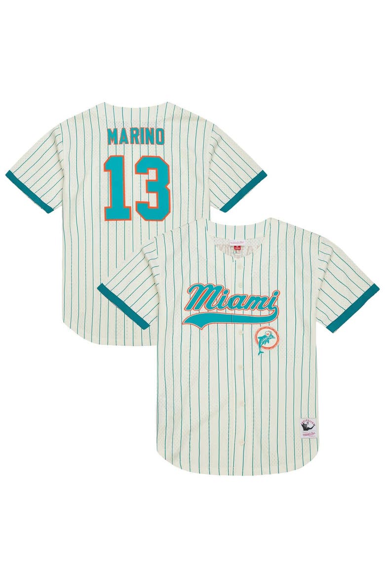 Men's Mitchell & Ness Dan Marino Cream Miami Dolphins Name & Number Mesh Button-Up Baseball Jersey, Main, color, Cream