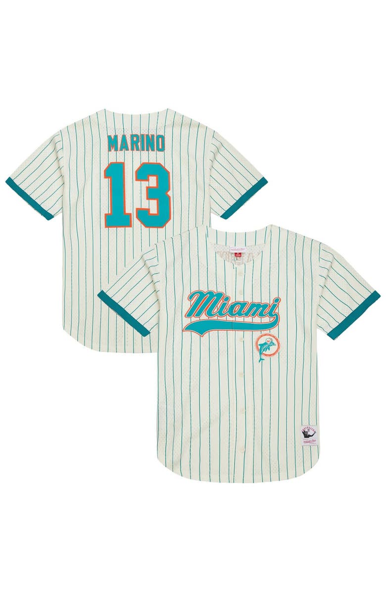Mitchell & Ness Men's Mitchell & Ness Dan Marino Cream Miami Dolphins Name & Number Mesh Button-Up Baseball Jersey, Main, color, Cream