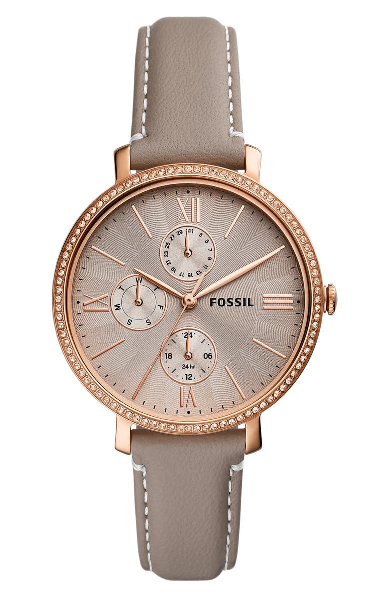 Fossil Jacqueline Multifunction Leather Strap Watch, 38mm, Main, color,