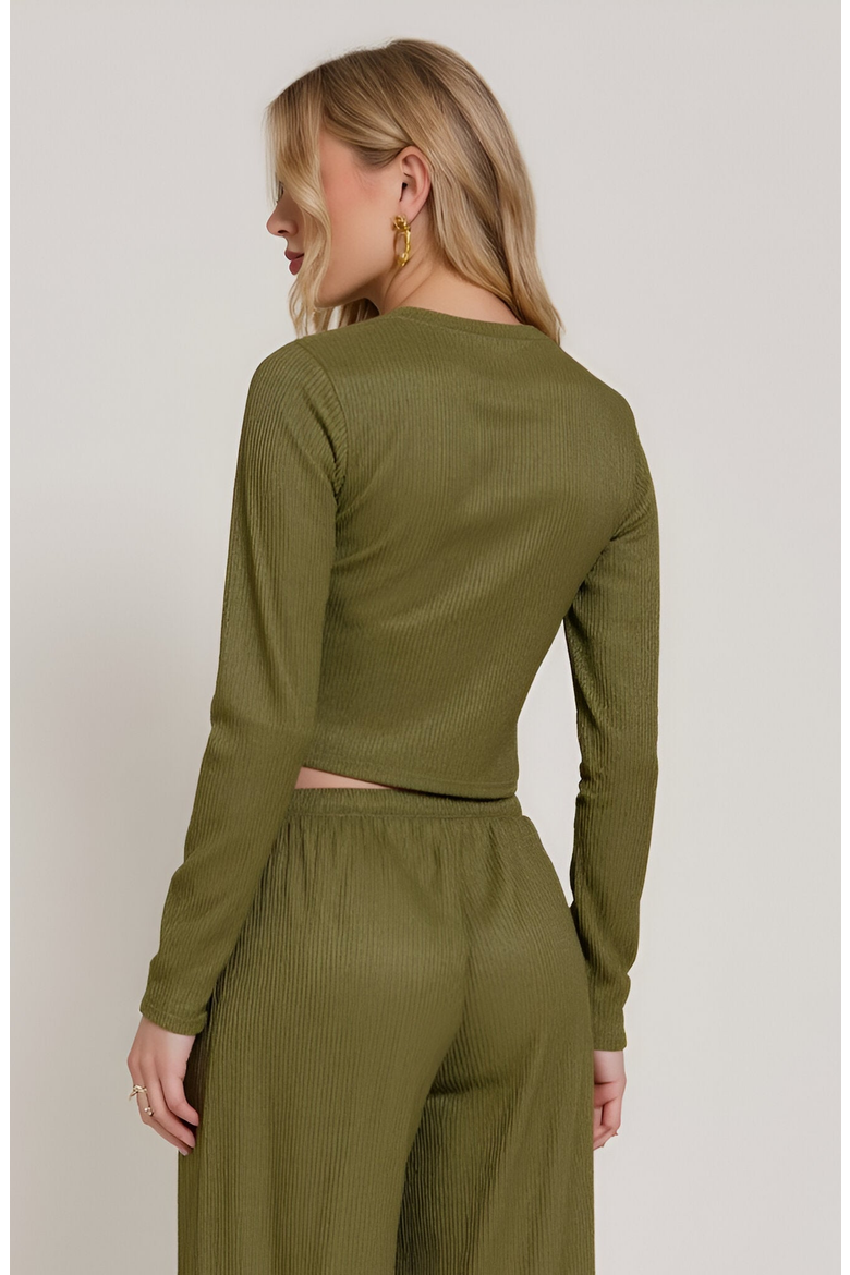 Ribbed Long Sleeve Crop Top and Wide Leg Lounge Pants Set with Drawstring, Alternate, color, Olive Green