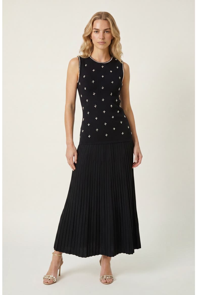 Pearl Embellished Pleated Midi Sleeveless Dress, Alternate, color, Black