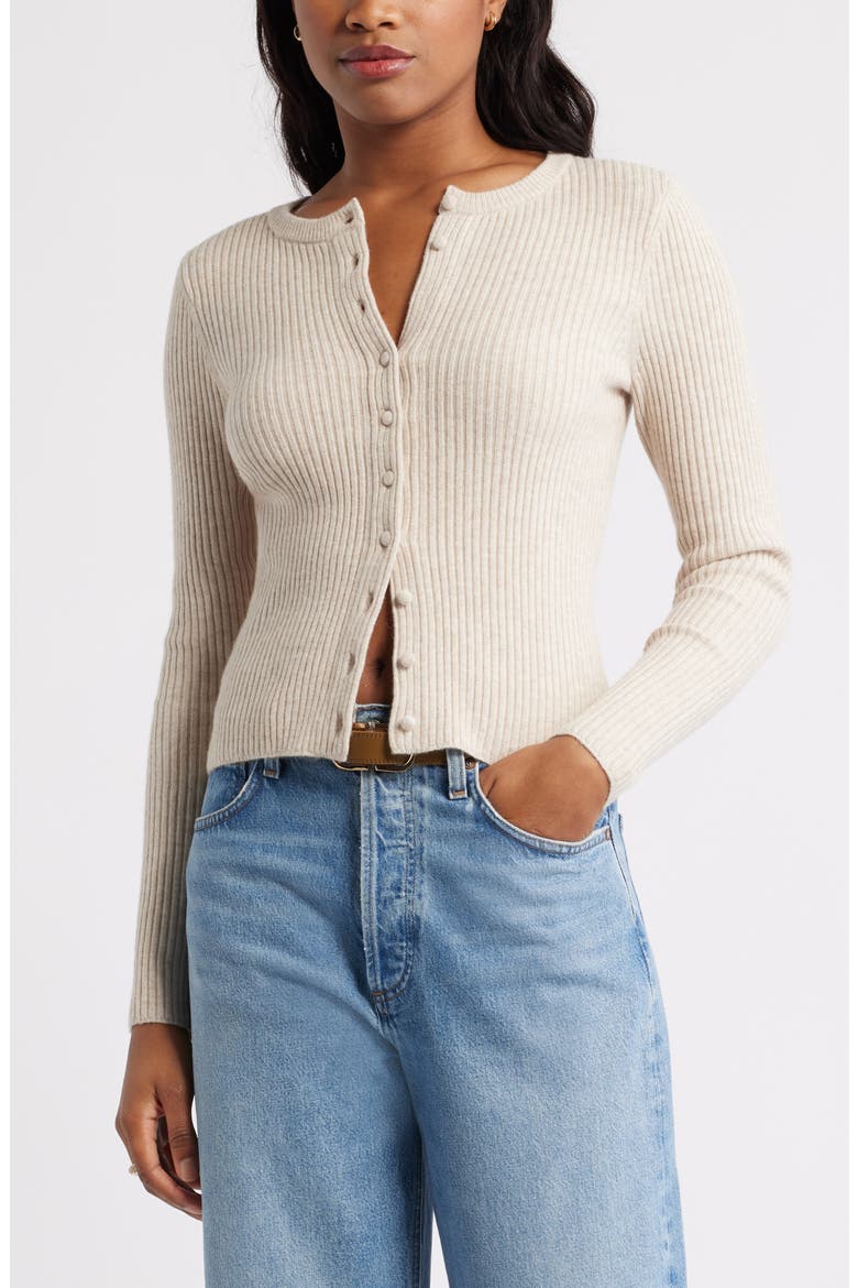 Ribbed Crewneck Cardigan, Main, color, BEIGE OATMEAL HEATHER