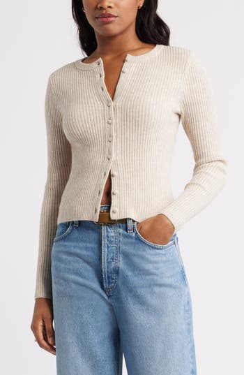 Open Edit Ribbed Crewneck Cardigan In Multi